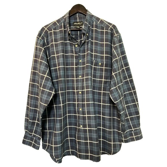 Eddie Bauer Men's Large Navy Plaid Cotton‎ Long Sleeve Button Up Shirt Pocket - Picture 1 of 5